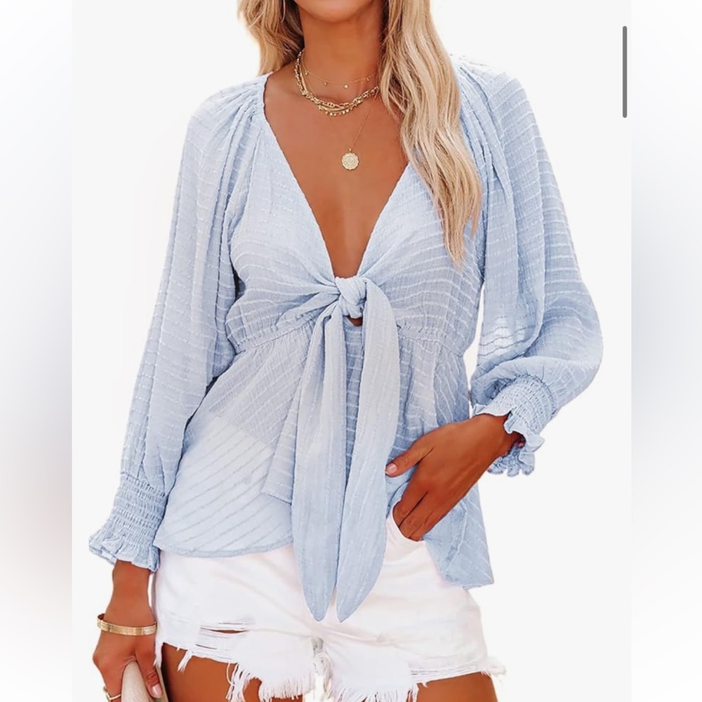 Vici Blue Puff Sleeve Tie Front Blouse